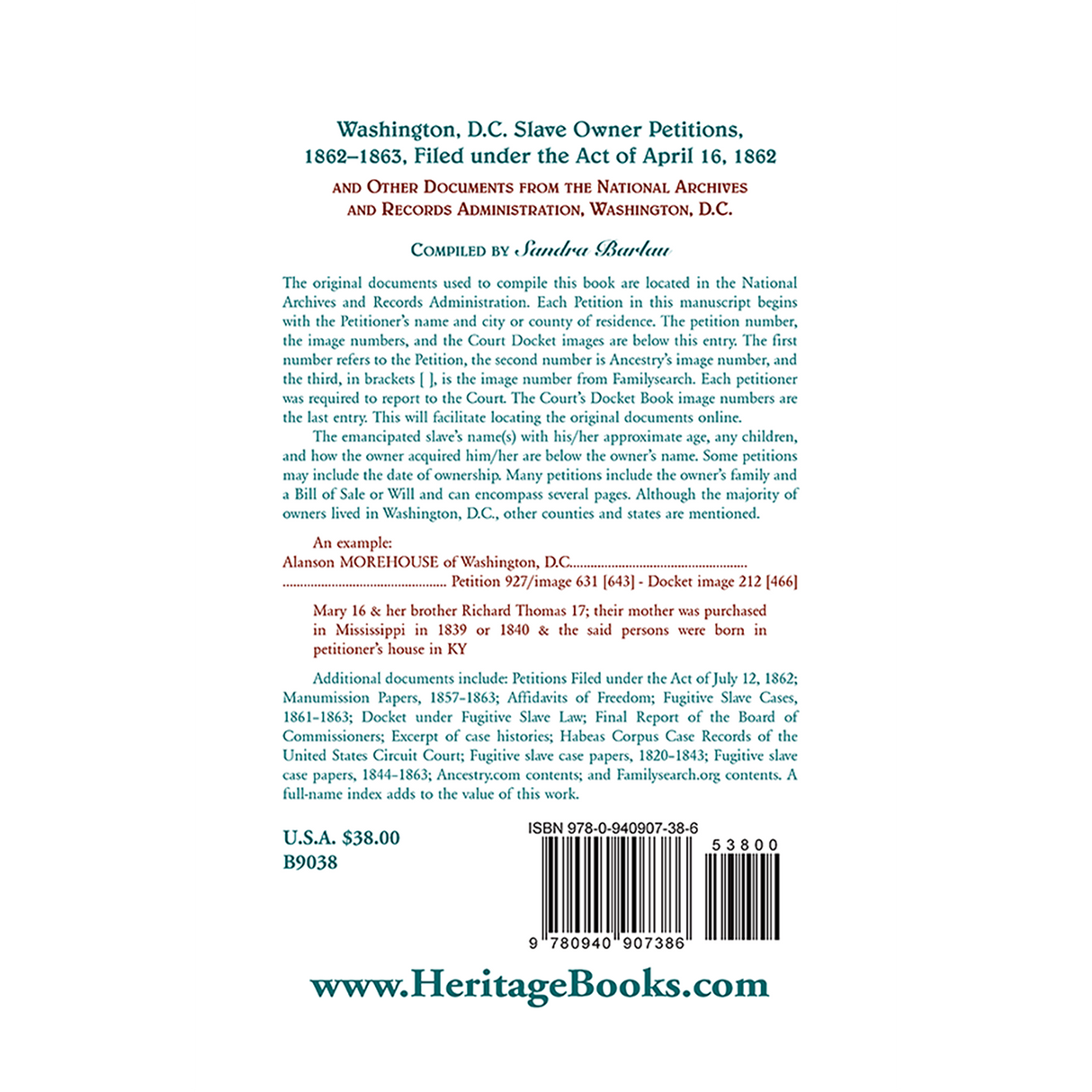 Washington, D.C. Slave Owner Petitions, 1862-1863 back cover