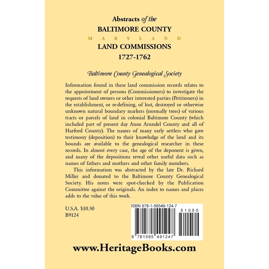 Abstracts of the Baltimore County Land Commissions 1727-1762 back cover