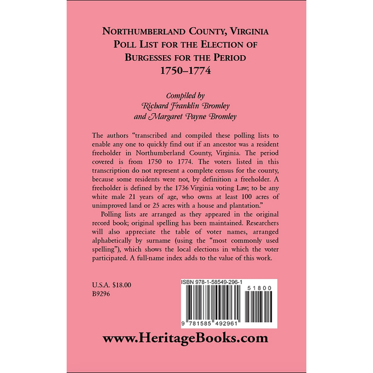 Northumberland County, Virginia Poll List for the Election of Burgesses for the Period 1750-1774 back cover