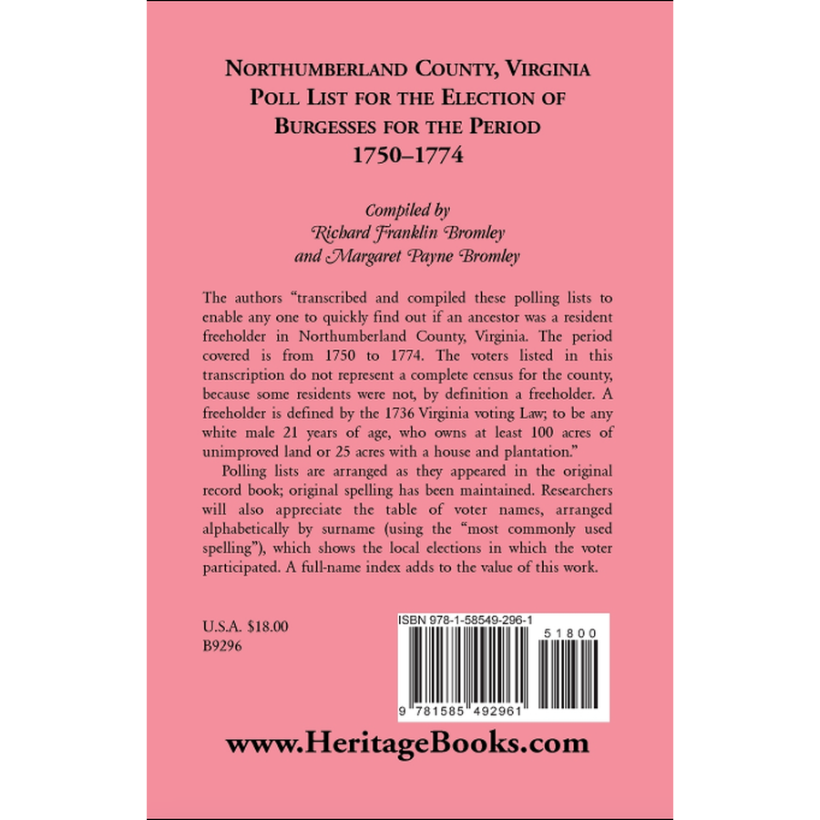 Northumberland County, Virginia Poll List for the Election of Burgesses for the Period 1750-1774 back cover