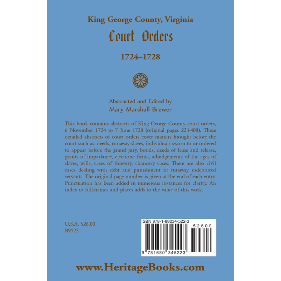 back cover of King George County, Virginia Court Orders, 1724-1728