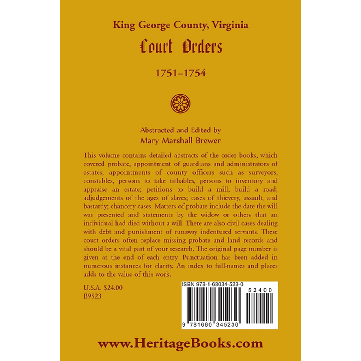 King George County, Virginia Court Orders, 1751-1754 back cover