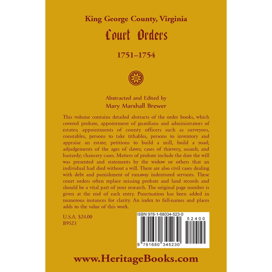 King George County, Virginia Court Orders, 1751-1754 back cover