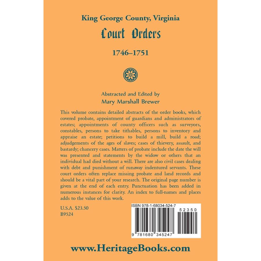 back cover of King George County, Virginia Court Orders, 1746-1751