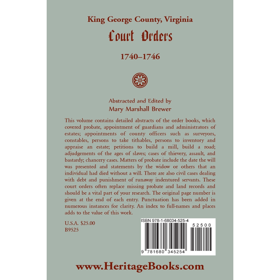 back cover of King George County, Virginia Court Orders, 1740-1746