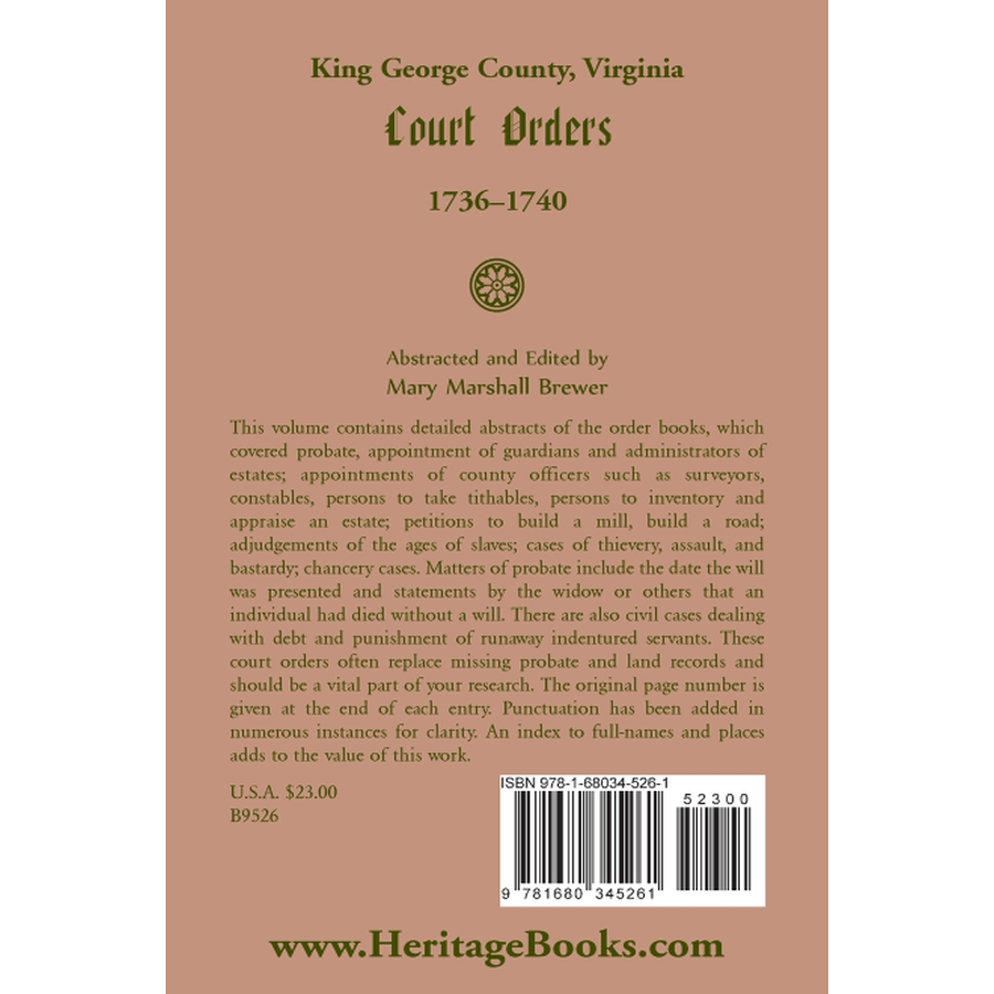 back cover of King George County, Virginia Court Orders, 1736-1740