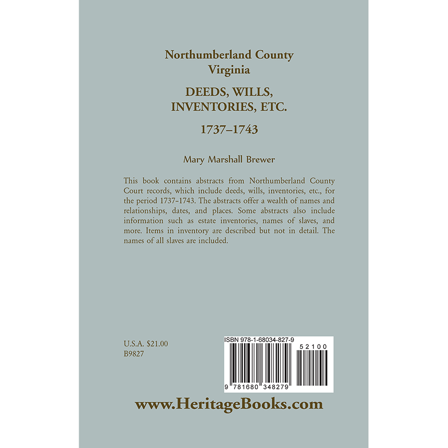 Northumberland County, Virginia Deeds, Wills, Inventories, etc., 1737-1743 back cover