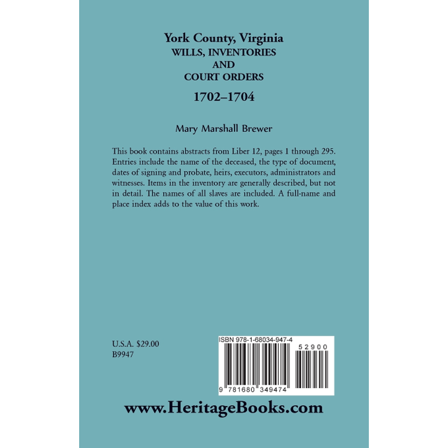 back cover of York County, Virginia Wills, Inventories and Court Orders, 1702-1704