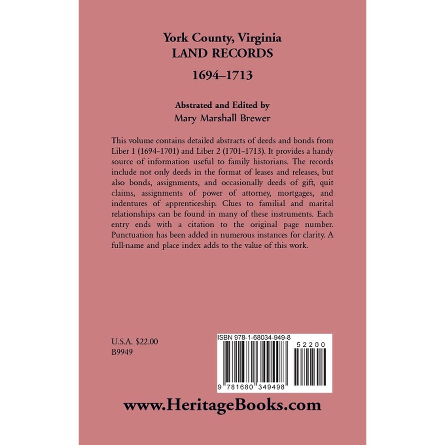 back cover of York County, Virginia Land Records, 1694-1713