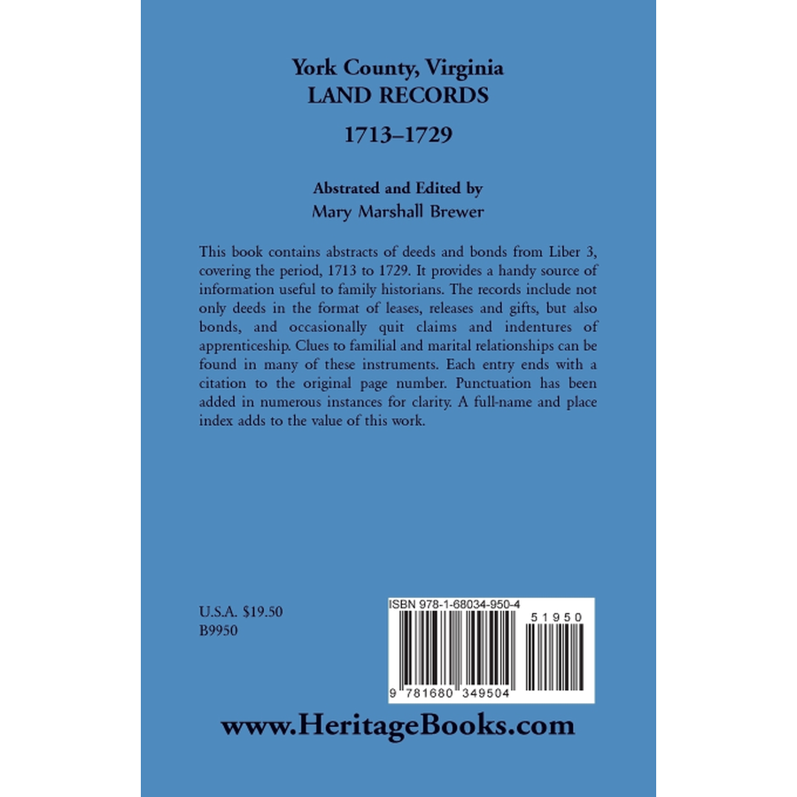 back cover of York County, Virginia Land Records, 1713-1729