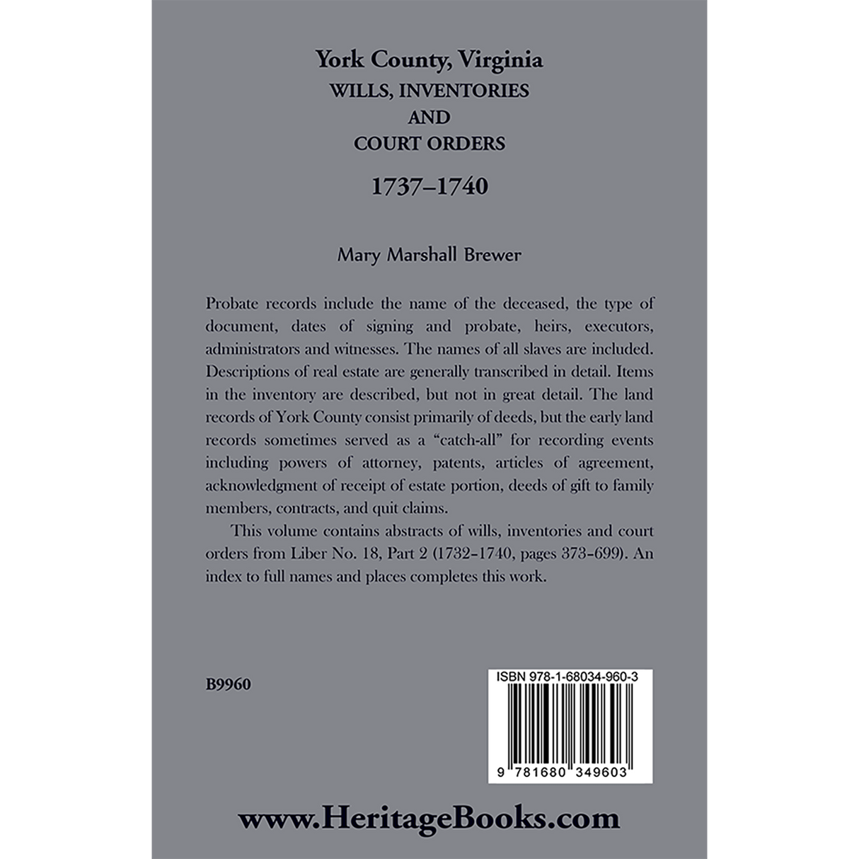 York County, Virginia Wills, Inventories and Court Orders, 1737-1740 back cover