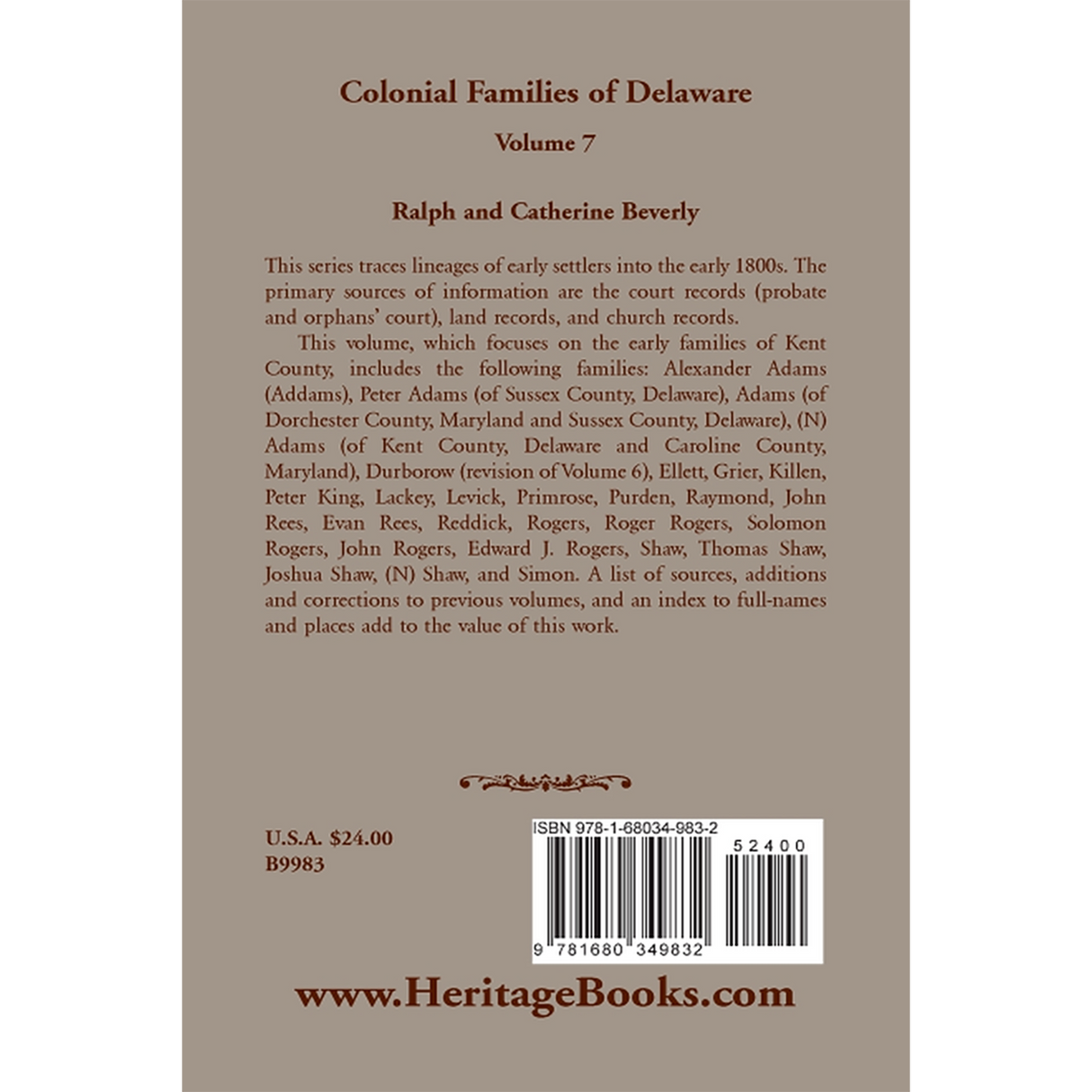 Colonial Families of Delaware, Volume 7: Primarily Kent County back cover