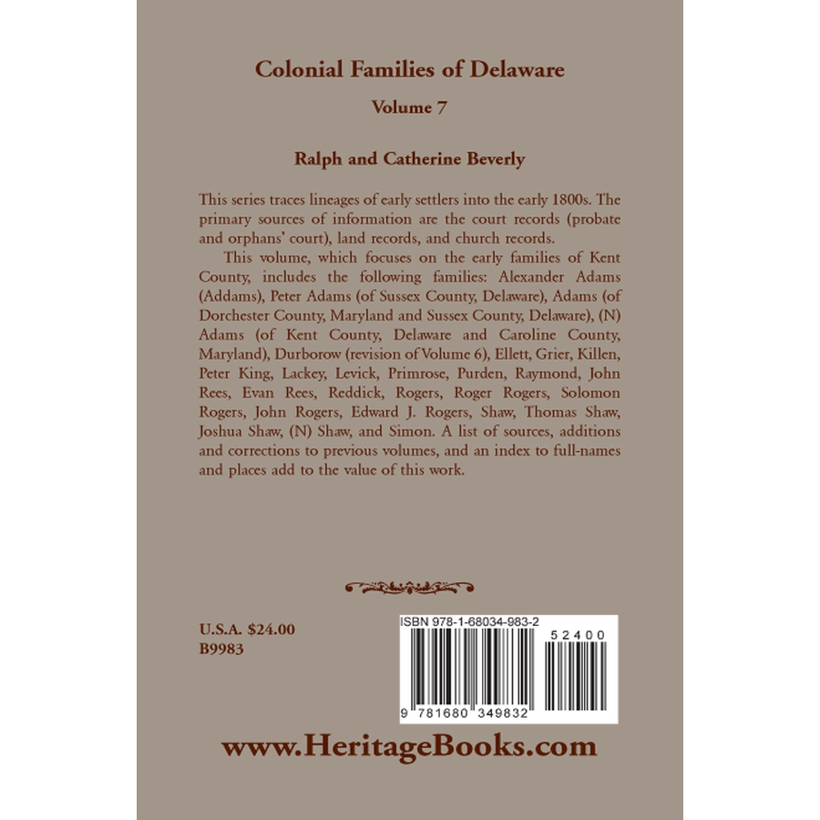 back cover of Colonial Families of Delaware, Volume 7: Primarily Kent County