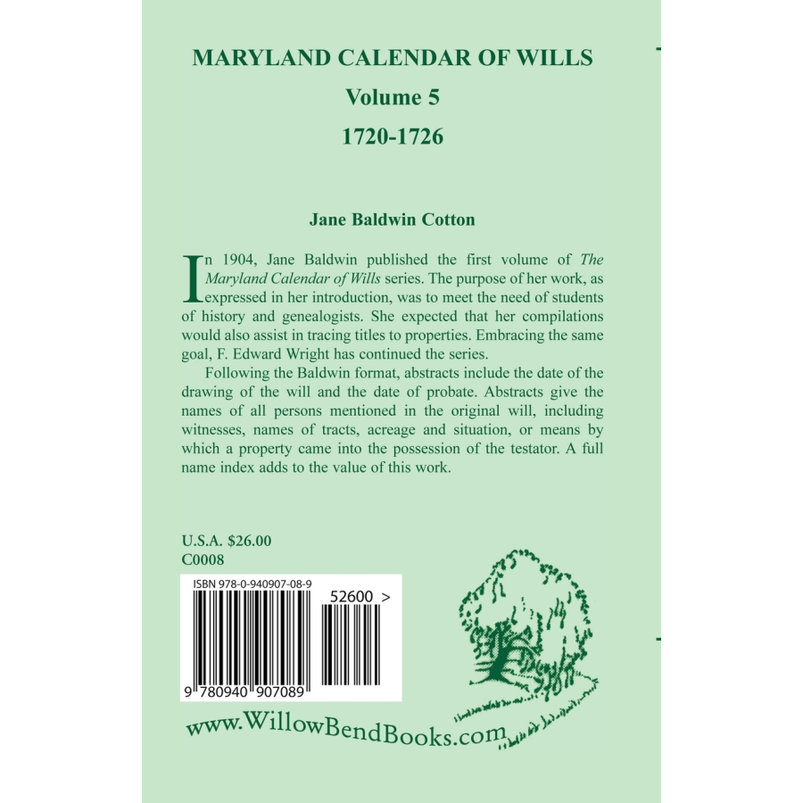Maryland Calendar of Wills, Volume 5: 1720-1726 back cover