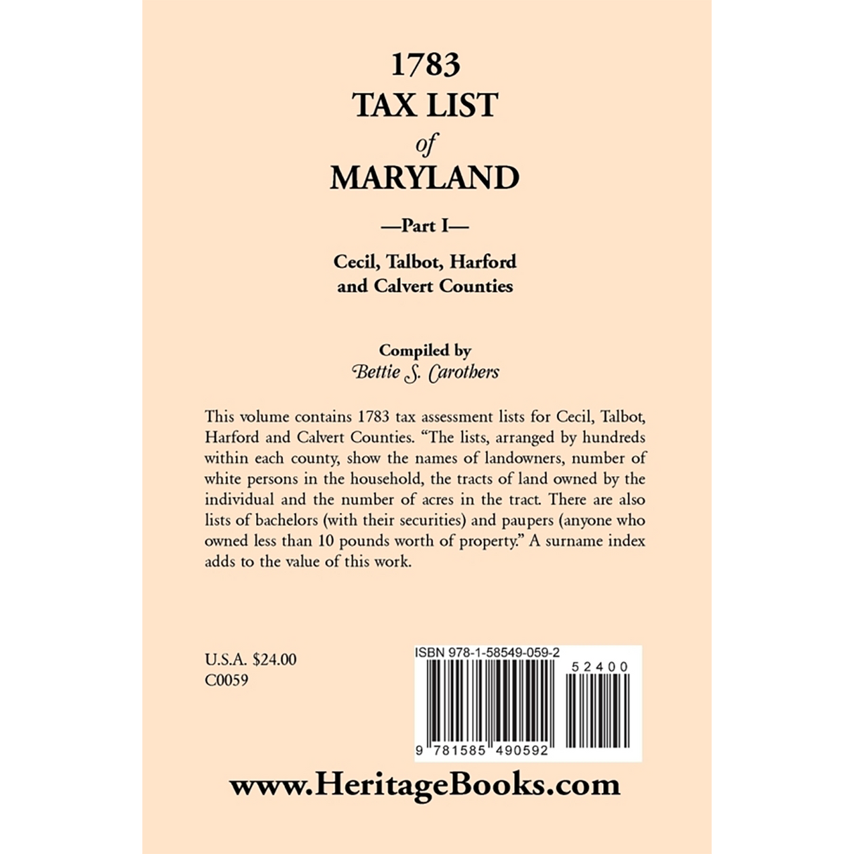 1783 Tax List of Maryland, Part I: Cecil, Talbot, Harford and Calvert Counties back cover