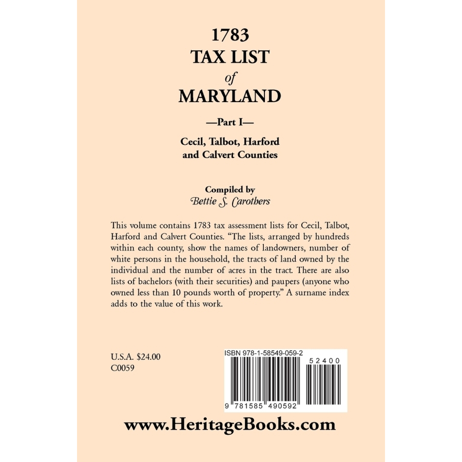 1783 Tax List of Maryland, Part I: Cecil, Talbot, Harford and Calvert Counties back cover