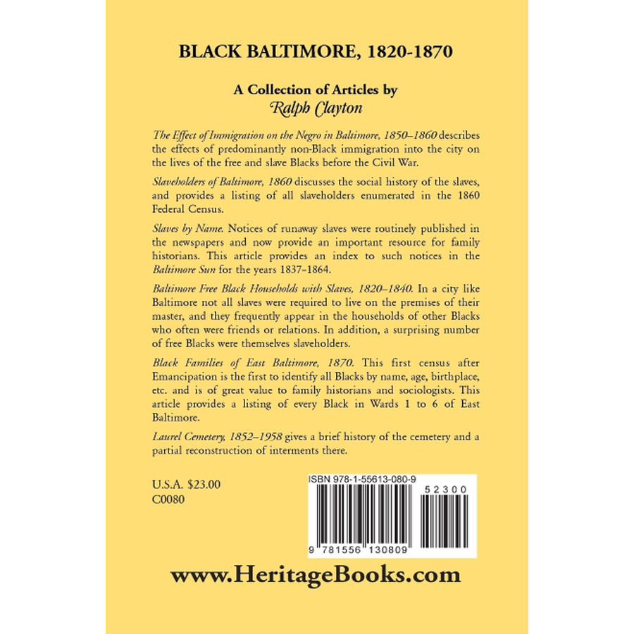 back cover of Black Baltimore, 1820-1870