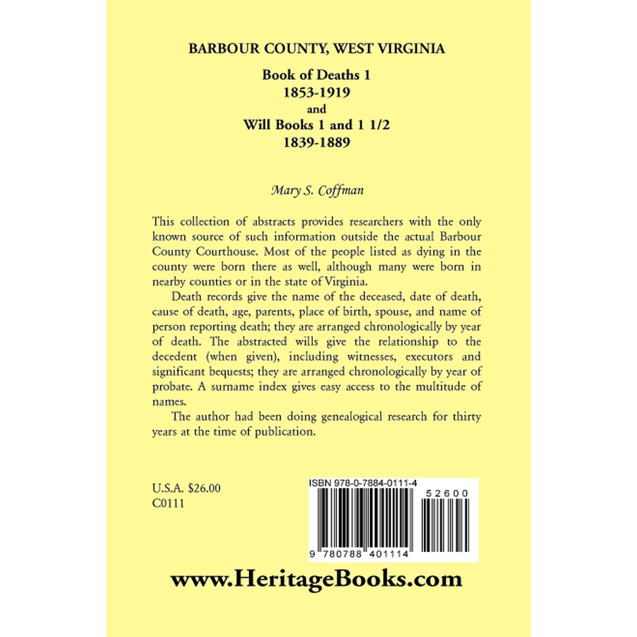 back cover of Barbour County, West Virginia, Book of Deaths 1, 1853-1919 and Will Books 1 and 1 1/2, 1839-1889