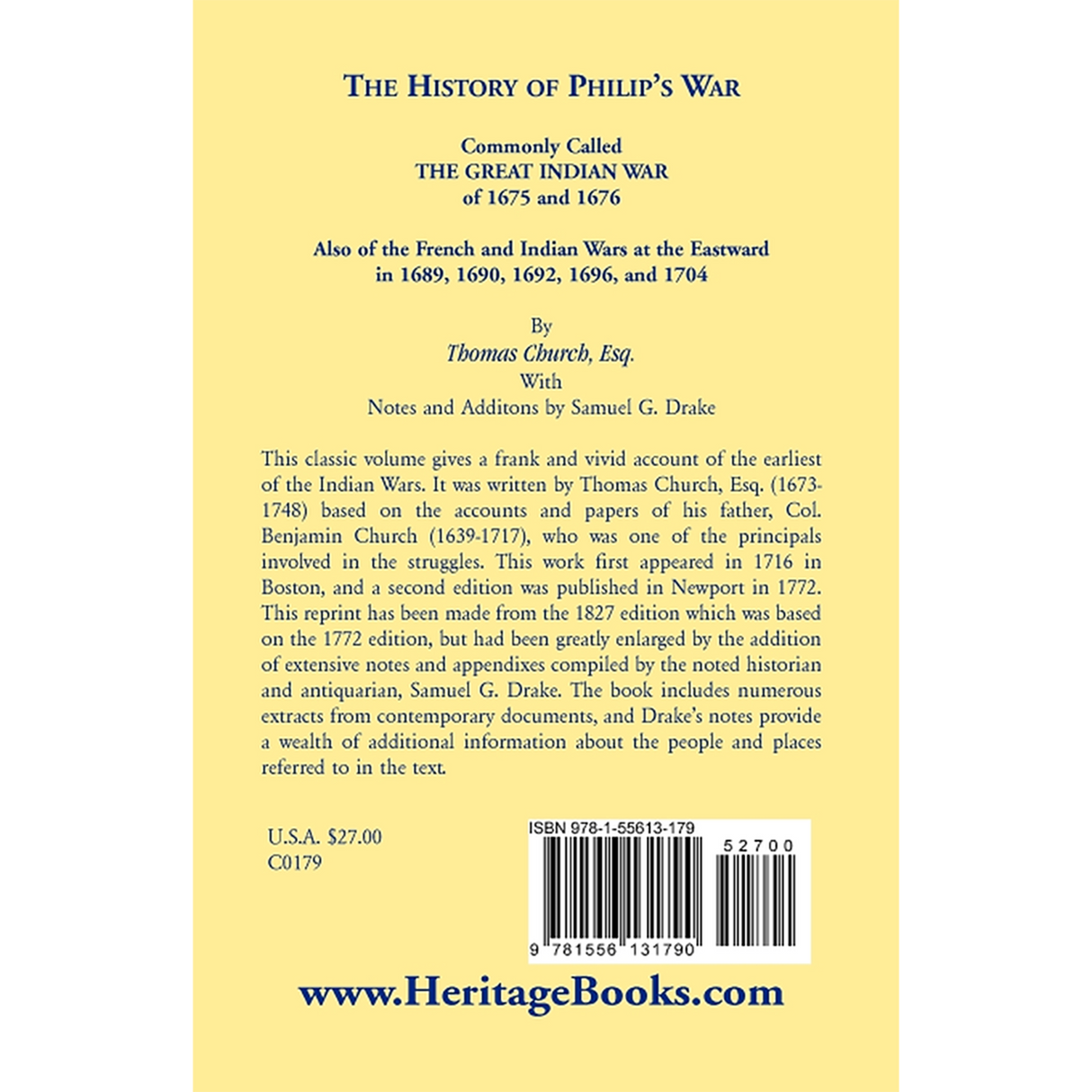 The History of Philip's War, Commonly Called the Great Indian War of 1675 and 1676 back cover