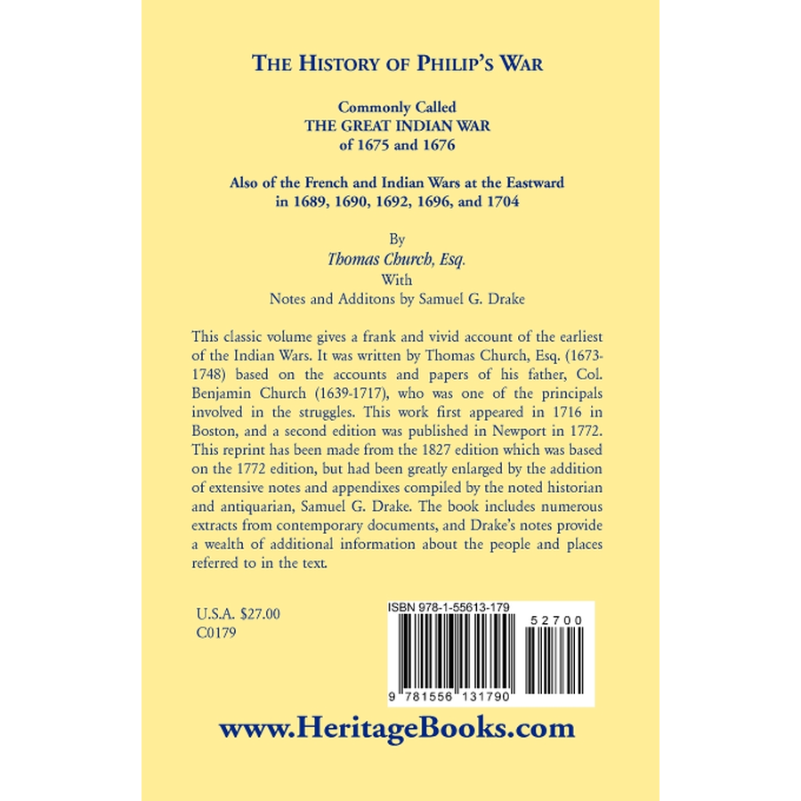 back cover of The History of Philip's War, Commonly Called the Great Indian War of 1675 and 1676