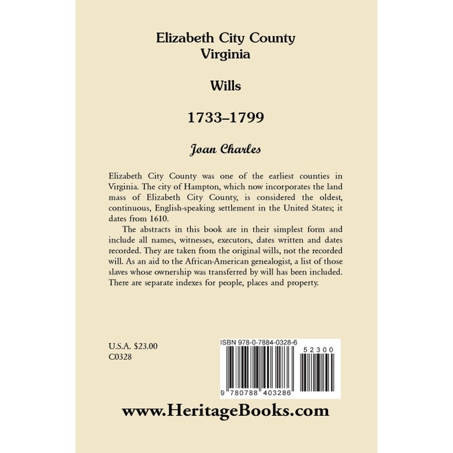 back cover of Elizabeth City County, Virginia Wills, 1733-1799