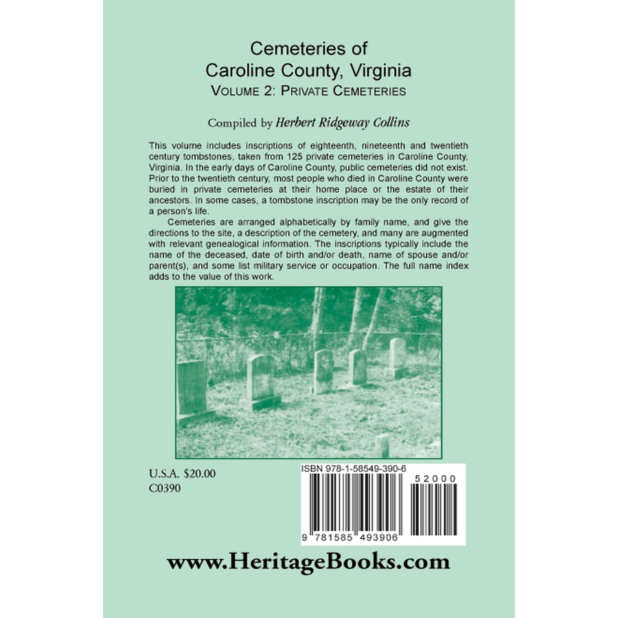 back cover of Cemeteries of Caroline County, Virginia, Volume 2, Private Cemeteries