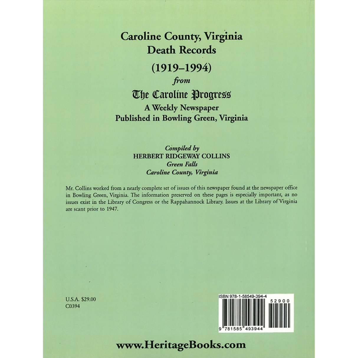 Caroline County, Virginia Death Records, 1919-1994 back cover