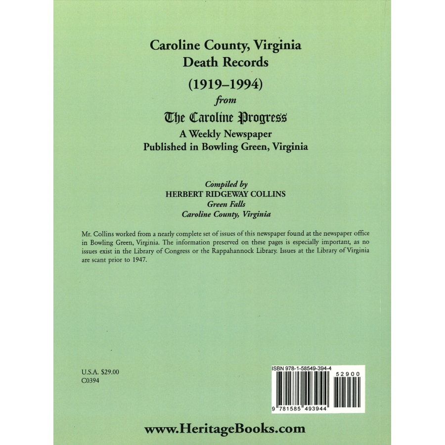 Caroline County, Virginia Death Records, 1919-1994 back cover