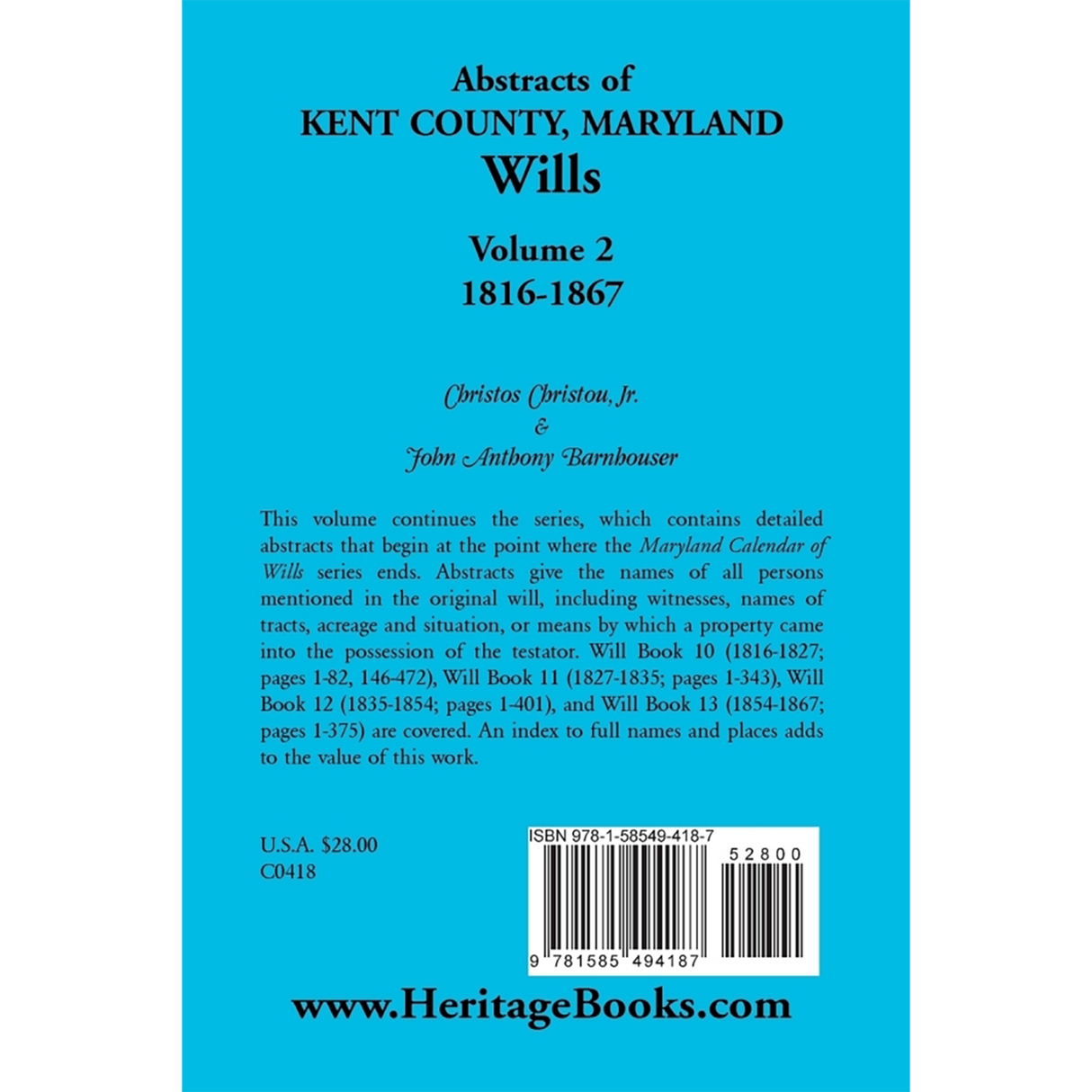 Abstracts of Kent County, Maryland Wills, Volume 2: 1816-1867 back cover