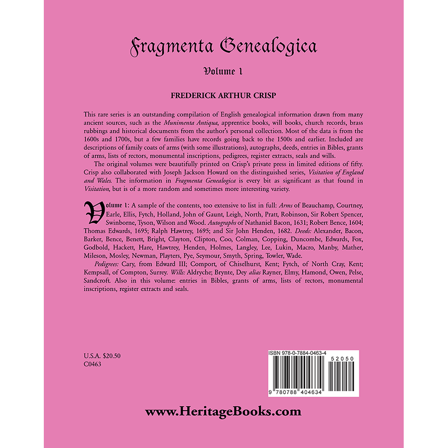 Fragmenta Genealogica, Volume 1 back cover