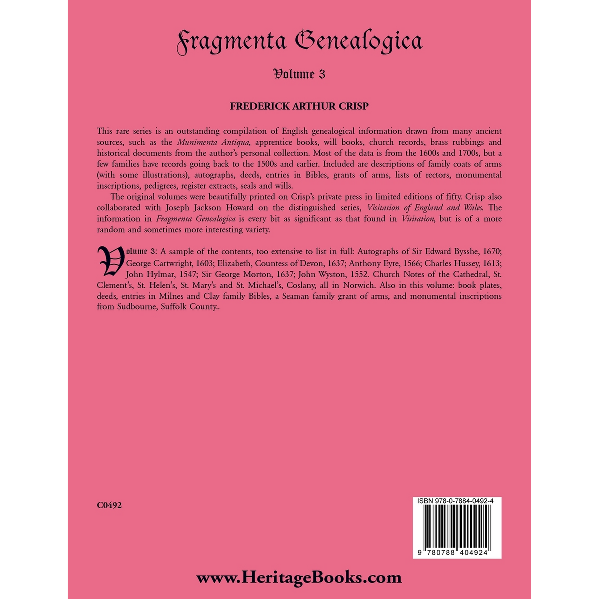 Fragmenta Genealogica, Volume 3 back cover