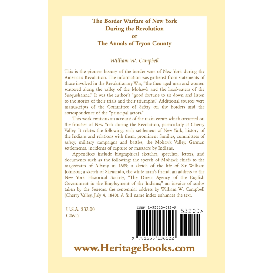 The Border Warfare of New York During the Revolution; or The Annals of Tryon County back cover
