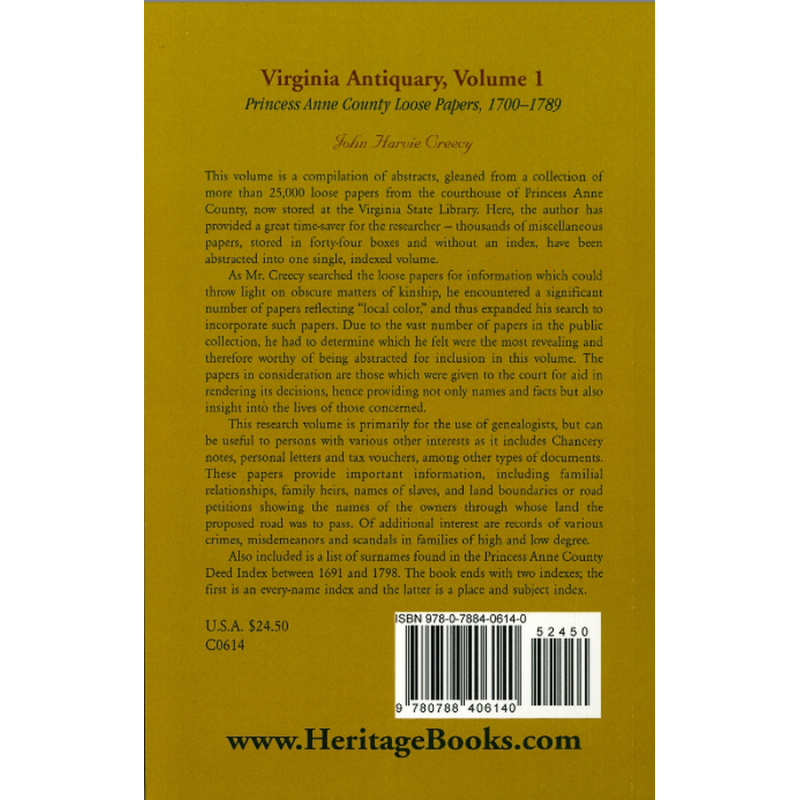 Virginia Antiquary, Volume 1: Princess Anne County Loose Papers, 1700-1789 back cover