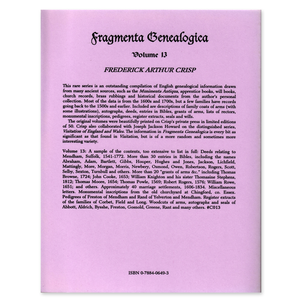 Fragmenta Genealogica, Volume 13 back cover