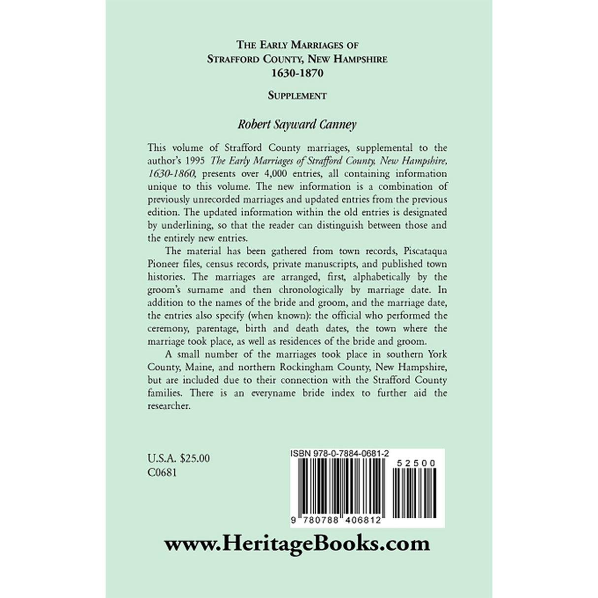 The Early Marriages of Strafford County, New Hampshire, Supplement, 1630-1870 back cover