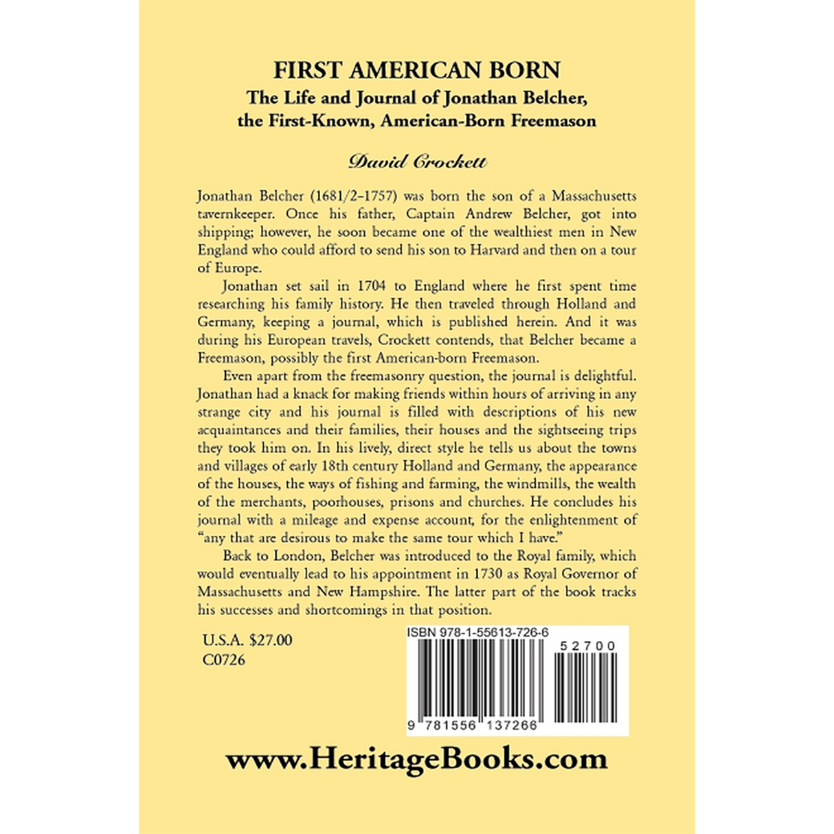 Journal of Jonathan Belcher, the First-Known, American-Born Freemason back cover