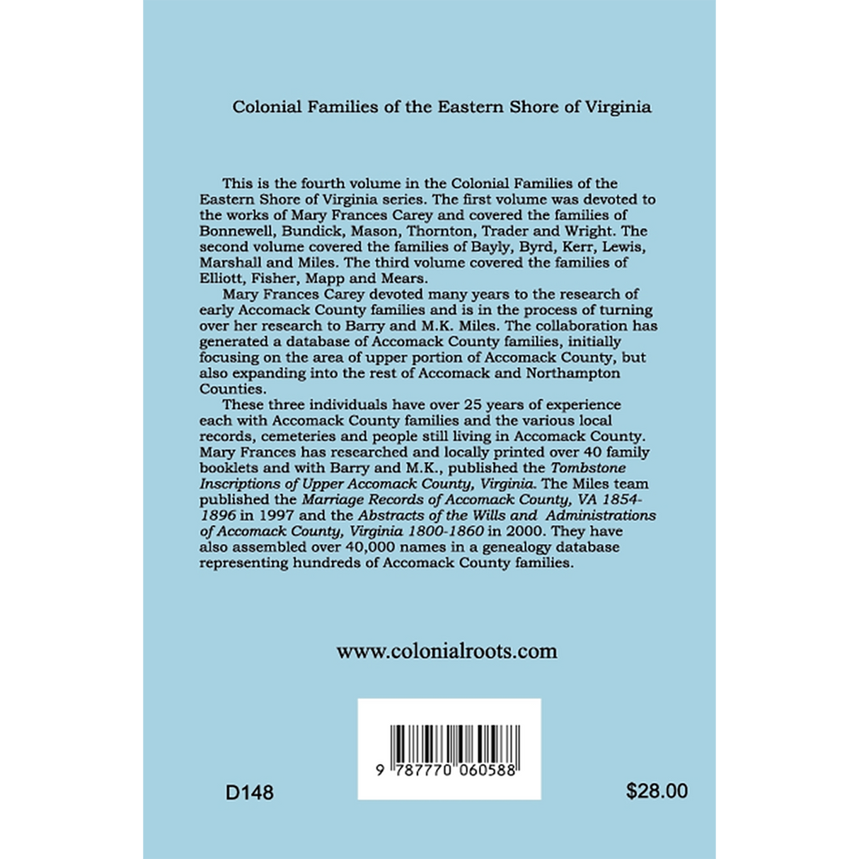 Colonial Families of the Eastern Shore of Virginia, Volume 4 back cover