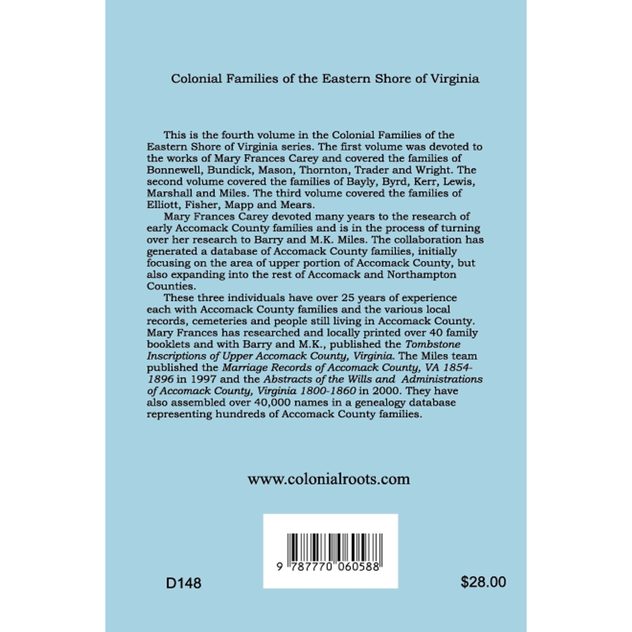 Colonial Families of the Eastern Shore of Virginia, Volume 4 back cover