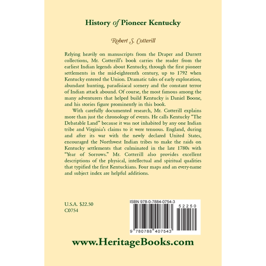 back cover of History of Pioneer Kentucky