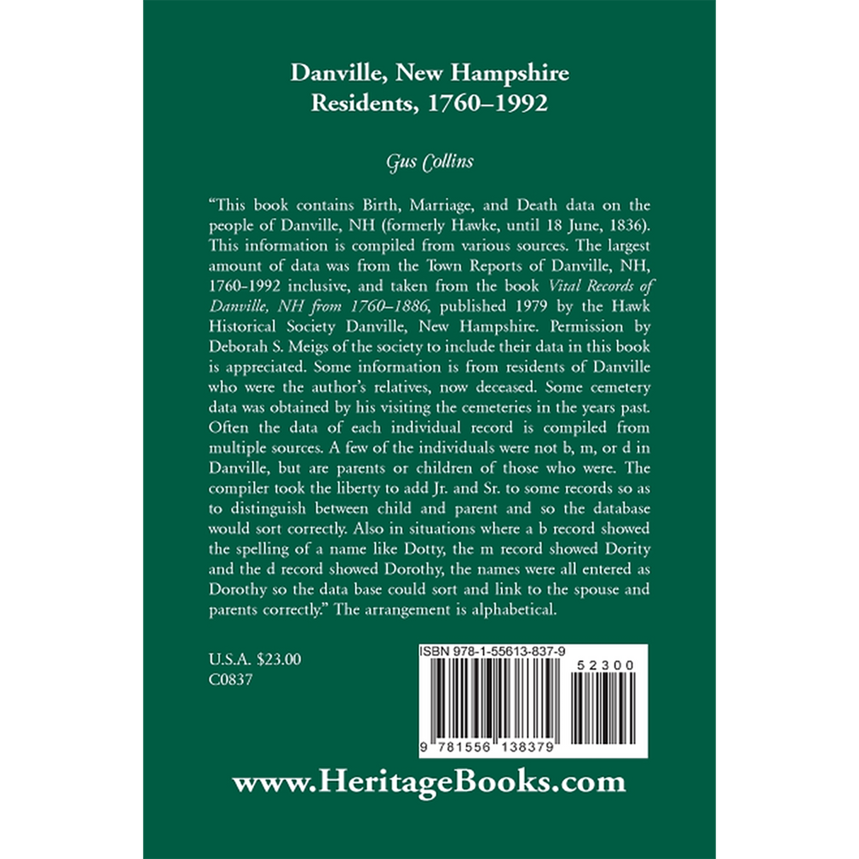 Danville, New Hampshire Residents, 1760-1992 back cover