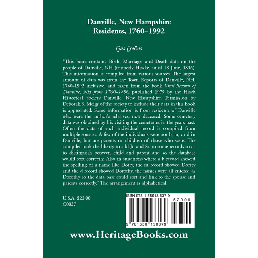 back cover of Danville, New Hampshire Residents, 1760-1992