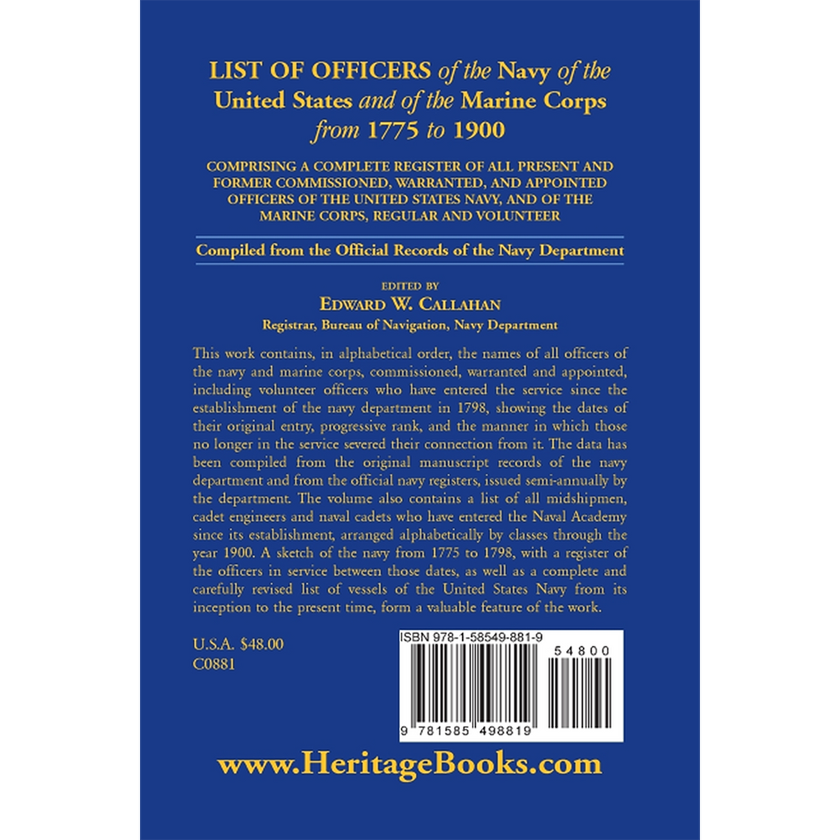 List of Officers of the Navy of the United States and of the Marine Corps from 1775-1900 [paper] back cover