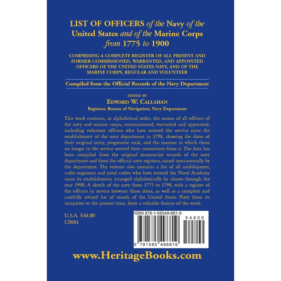 List of Officers of the Navy of the United States and of the Marine Corps from 1775-1900 [paper] back cover