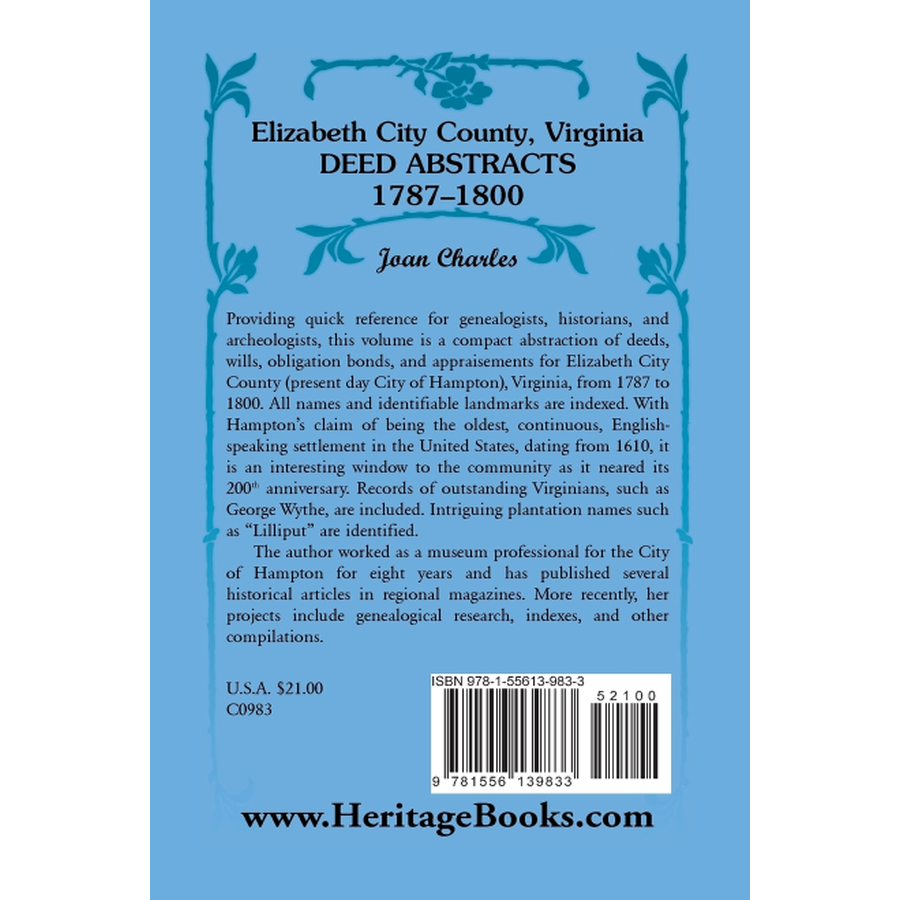 Elizabeth City County, Virginia Deed Abstracts, 1787-1800 back cover