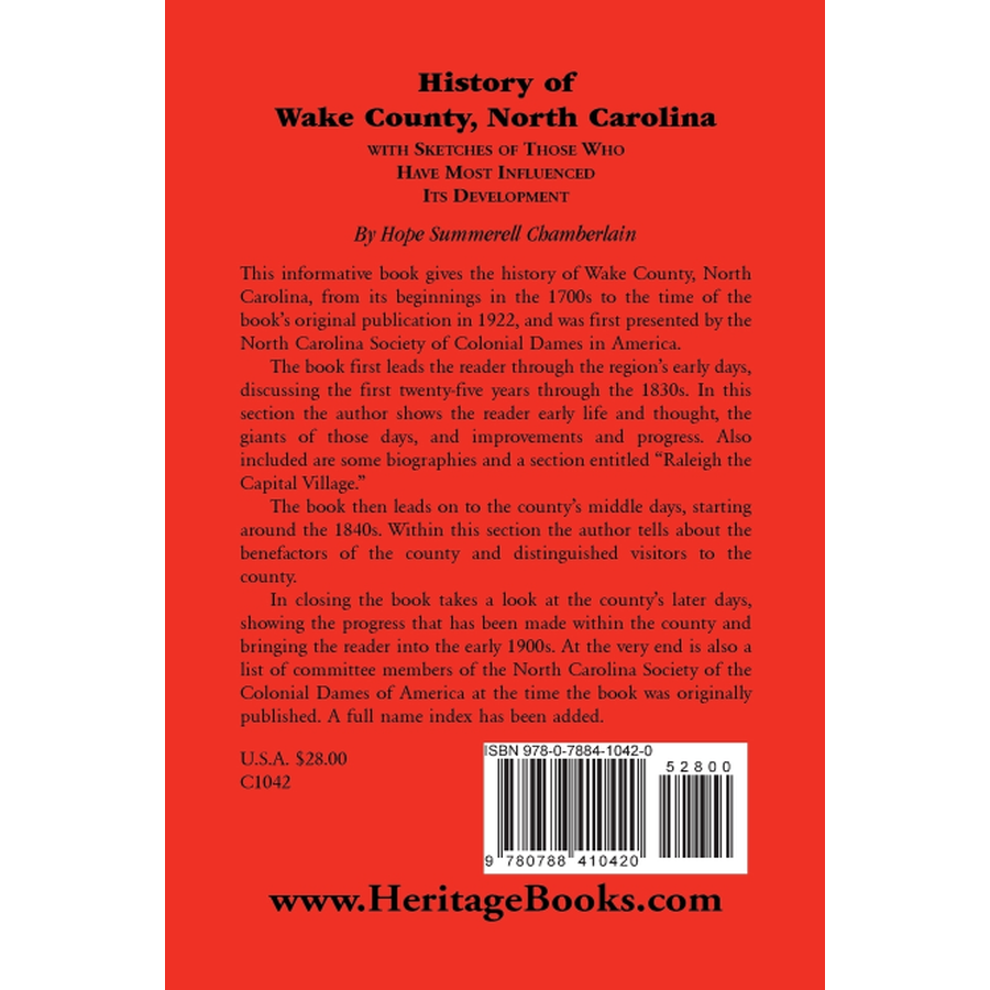 History of Wake County, North Carolina back cover