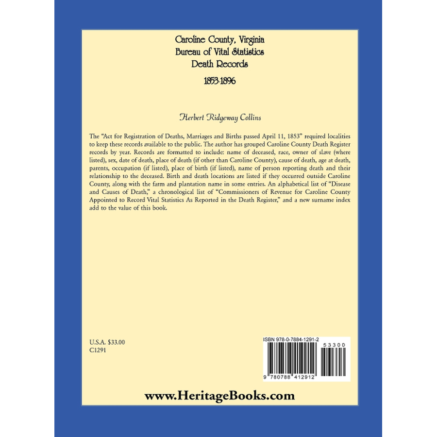Caroline County, Virginia Bureau of Vital Statistics Death Records, 1853-1896 back cover