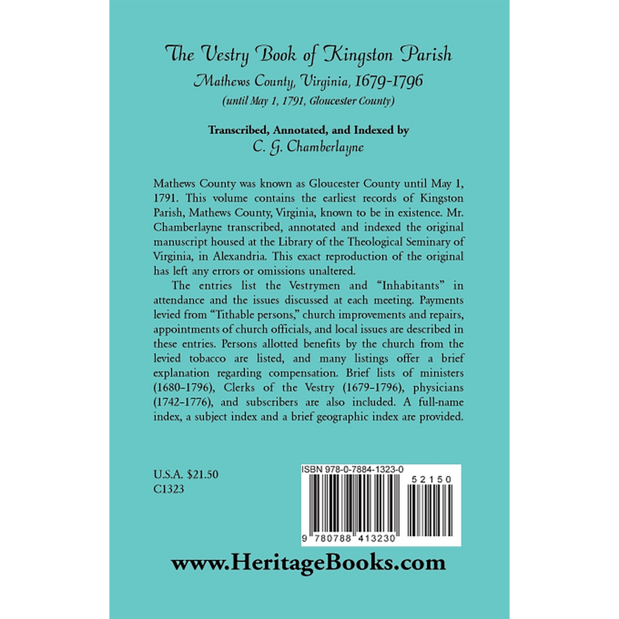 The Vestry Book of Kingston Parish, Mathews County, Virginia, 1679-1796 back cover