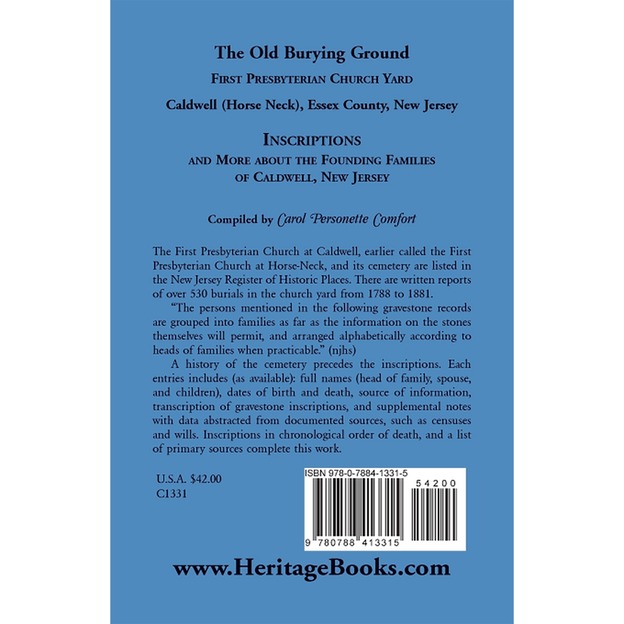 The Old Burying Ground, First Presbyterian Church Yard, Caldwell (Horse Neck), Essex County, New Jersey back cover