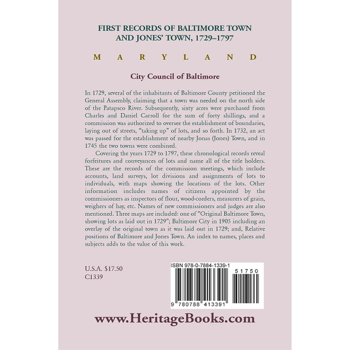 First Records of Baltimore Town and Jones' Town [Maryland], 1729-1797 back cover