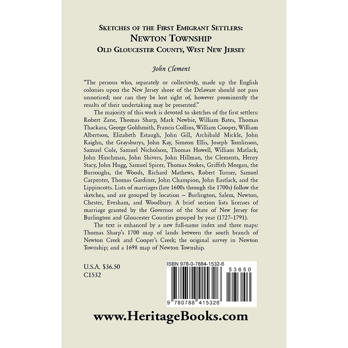 Sketches of the First Emigrant Settlers, Newton Township, Old Gloucester County, West New Jersey back cover
